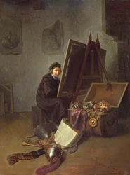 Portrett av kunstneren ved staffeli i studioet hans