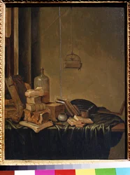 Stilleben med bøker. Maleri av Gerrit van Vucht (1600 eller 1620- ca. 1697). Olje på tre, 34 x 28 cm. nederlandsk skole fra 1600-tallet. Pushkin Museum of Fine Arts, Moskva.
