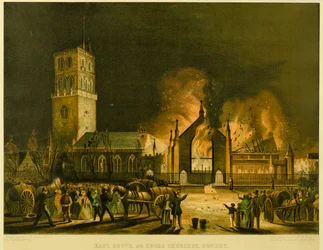 East, South og Cross Churches, Dundee [som de dukket opp i brann om morgenen søndag 3. januar 1841] (etter George McGillivray), ca. 1841 (litografi)