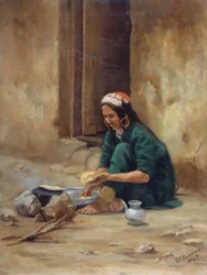 En bakkekvinne fra Ladakh, som lager maten sin, 1893