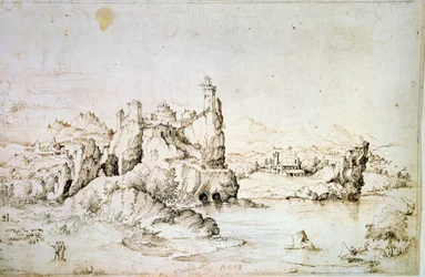 Et slott på en stein i fjellandskapet, 1540.