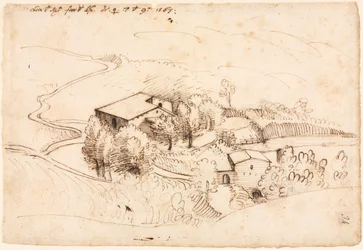 Gård med trær i et kupert landskap (recto)