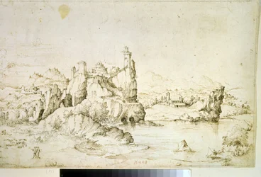 ""Un chateau perche sur une montagne"" (A Castle on a Rock in Mountainscape) Tegning med brunt blekk av Gherardo Cibo (1512-1600) 1540 Pushkin Museum, Moskva