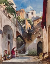 Hus på Costiera på den sorrentinske halvøya, med tillegg av prinsesse Maria Annunziata di Borbone (1843-1871), 1853 (blyant, wc og gouache på papir)