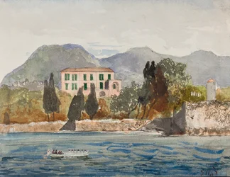 Roflåte med Borbone-flagget nærmer seg et stort hus på den napolitanske kysten, med tillegg av prins Gaetano Maria Federico di Borbone (1846-1871) (blyant, wc og gouache)