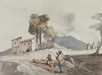 Hyrder med Vesuv i det fjerne, med tillegg av en Borbone-elev (blyant, wc og gouache på papir)
