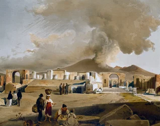 Utsikt over Forum og Jupiter-tempelet i Pompeii, illustrasjon av Giacinto Gigante (1806-1876) fra Houses and monuments of Pompeii, av Fausto og Felice Niccolini