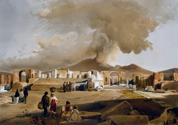 Utsikt over Forum og Jupiter-tempelet i Pompeii, illustrasjon av Giacinto Gigante (1806-1876) fra Houses and monuments of Pompeii, av Fausto og Felice Niccolini
