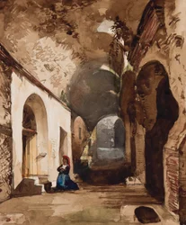 Kvinne ber ved hvelvet helligdom i amfiteatret i Pozzuoli, med tillegg av prinsesse Maria Annunziata di Borbone (1843-1871) (blyant, wc og gouache på papir)