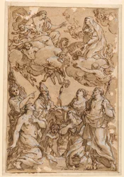 Tegning, Kristus og Jomfru Maria med skytshelgenene i Pistoia, 1638