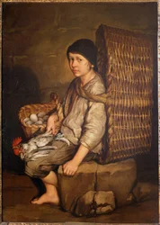 Sittende ærendgutt med en kurv på ryggen, egg og fjærkre, ca. 1735