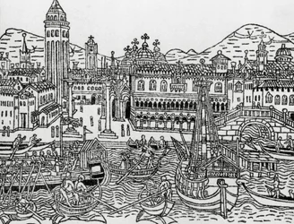 Utsikt over Venezia på 1400-tallet, Italia, tresnitt, fra Supplementum chronicarum av Giacomo Filippo Foresti (1434-1520)