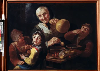 ""Bondens måltid"" (Bondens måltid) En gammel bondekvinne og tre barn som spiser frokost på suppe, kirsebær og brød. Maleri av Giacomo Francesco Cipper (1664-1736) Museum of Fine Arts fra 1700-tallet Ivan Kramskoy (eller Kramskoi) i Vor