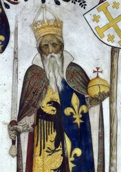 Skildring av markisen av Saluzzo og deres koner som historiske og mytologiske helter og heltinner. Detalj: Manfredo III. som Karl den Store. 1418-30