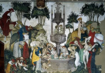 Ungdomskilden. Detalj: ankommende og badende i kilden. 1418-30