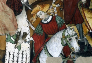 Ungdommens kilde. Detalj: en falkoner med fuglen sin. 1418-30