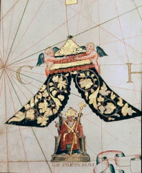 Representasjon av prest John, hersker over et kristent rike som ligger mot Etiopia (Detalj av et kart fra 1500-tallet)
