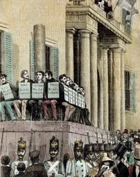 Risorgimento: "" medlemmer av Giovine Italia-bevegelsen (inkludert Carlo Cattaneo (1801-1869), Tinelli, Danzi, Bussi) sitter foran Justispalasset i Milano og lytter til dommen som dømte dem til eksil i 1848"" 1884 Litografi av Manteg