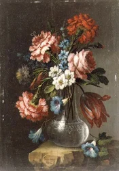 Roser, Tulipaner, Convolvuli og andre blomster i en glassvase