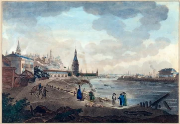Utsikt over Moskva Kreml tatt fra steinbroen over Moskva (Moskva eller Moskwa). Verk av Giacomo Antonio Domenico Quarenghi (1744-1817), akvarell og blekk på papir, ca. 1790. Italiensk kunst