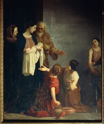 Maleri av Giacomo Trecourt (1812-1882) som viser Jomfru Marias fødsel, olje på lerret