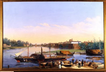 Utsikt over havnen i Pavia (Pavia) på Po og dampbåten Principessa Clementina""""" Maleri av Giacomo Trecourt (1812-1882) 1800-tallet
