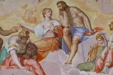 Juno, Jupiter, Cybele liggende på skyer, over arkitektoniske ruiner, detalj av Olympus-rommet, ca. 1557 (fresco)