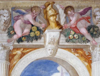 Putti med byste av en helt blant mascarons og fruktfestonger