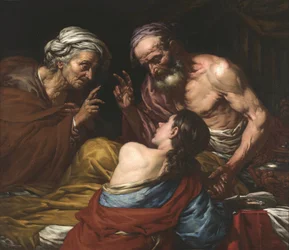 Isaac benit Jacob - Isak velsigner Jakob, av Langetti, Giovan Battista (1635-1676). Olje på lerret, Mellom 1660 og 1670. Dimensjon : 109x126 cm. Muzeul National Brukenthal, Sibiu