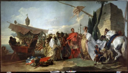 Jules Cesar møter Cleopatra (Cæsar møter Cleopatra). Maleri av Giandomenico Tiepolo (1727-1804). Olje på lerret, 337 x 608 cm
