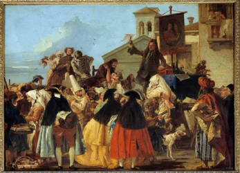 En tannlege som fjerner en tann og markerer den som en trofee på karnevalet i Venezia. Maleri av Giovanni Domenico Tiepolo (Giandomenico Tiepolo) (1727-1804) 1754. Søn 1,1x0,8 m