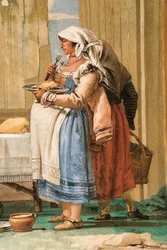 Detalj fra Bondefamilien ved bordet, fra rommet med rustikke scener, i Foresteria, 1757