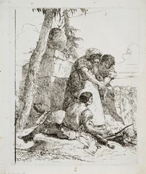 Magiker som peker ut et brennende hode til to ungdommer, ca. 1740-årene