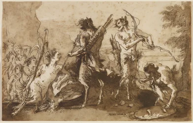 Satyrs and Satyresses in a Landscape, ca. 1770 (penn og jern galleblekk med brune og grå vasker på lagt papir)