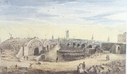 Bygging av den nye London Bridge ved siden av den gamle London Bridge