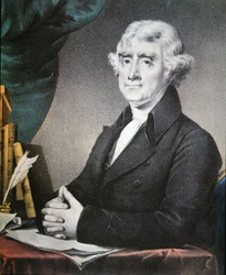Thomas Jefferson (1743-1826) utgitt av Nathaniel Currier (1813-88) (litho-farge)