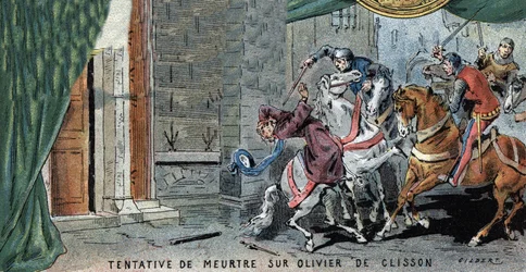 Attentatforsøk mot Olivier V de Clisson (1336-1407), fransk konstabel. Illustrasjon av Gilbert, sent 1800-tall.