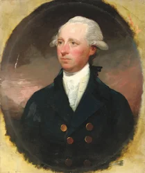 Portrett av Sir Thomas George Skipwith, halvlang, i blå frakk, falsk oval