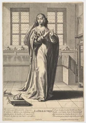 Dialektikk: en ung kvinne som står i et dekorert interiør og berører hennes høyre indeks ..., 1633-35.