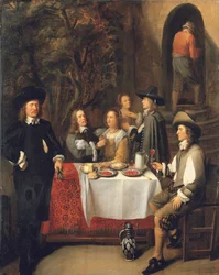 Elegant selskap ved et bord på en terrasse