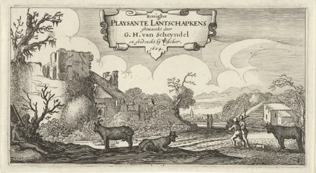 Titteltrykk av tolv landskap med figurer Eenighe Playsante Lantschapkens (tittel på objekt) Tolv landskap med figurer (serietittel)