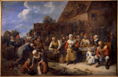 Landsbyen bankett Scene fest i en landsby, bønder er atable. Maleri av Gillis Van Tilborgh (Tilborch) den unge (1625-1678) Rouen fra 1600-tallet. Museum of Fine Arts