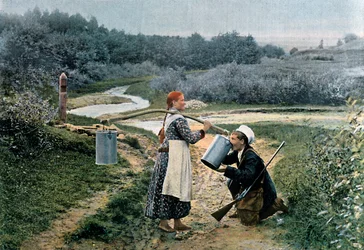 En jeger tar en drink fra en ung kvinne, Russland, ca 1890
