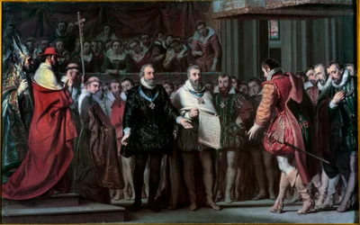 Filip II av Spania anerkjenner Henrik IV som konge av Frankrike Maleri av Gillot Saint Evre (1791-1858) 1837 Søn. 0,17x0,71 m