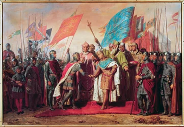 Tredje korstog (1189–1192): Møte og håndtrykk mellom Filip Augustus (Filip II av Frankrike)