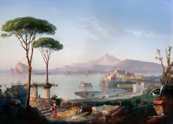 Utsikt over Pozzuolibukten med Capo Miseno og Ischia i bakgrunnen (gouache)