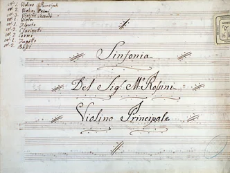 Detalj av første side av fiolinmusikalsk partitur for en symfoni av Gioacchino Rossini