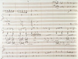 Side med partitur av Le Comte Ory med håndskrevne rettelser av Gioacchino Rossini