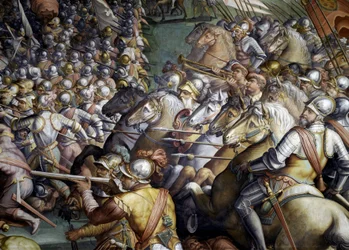 Slaget ved Scannagallo i Valdichiana (Val di Chiana). Detalj. Fresco av Giorgio Vasari og hans atelier (1511-1574). Palazzo Vecchio (Hall of the Five Hundred)