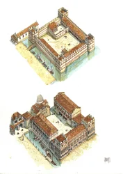 Luftfoto av byggefasene til Dogepalasset (eller hertugpalasset eller Palazzo Ducale) på Markusplassen i Venezia på 700- og 1100-tallet. Italia